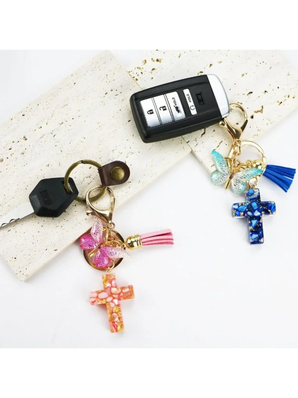 Christian Cross Keychain with Tassels & Butterfly Charm - Resin Jesus Bag